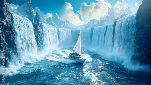 Yacht sailing through majestic waterfalls between snow-capped mountains; idyllic travel scenery