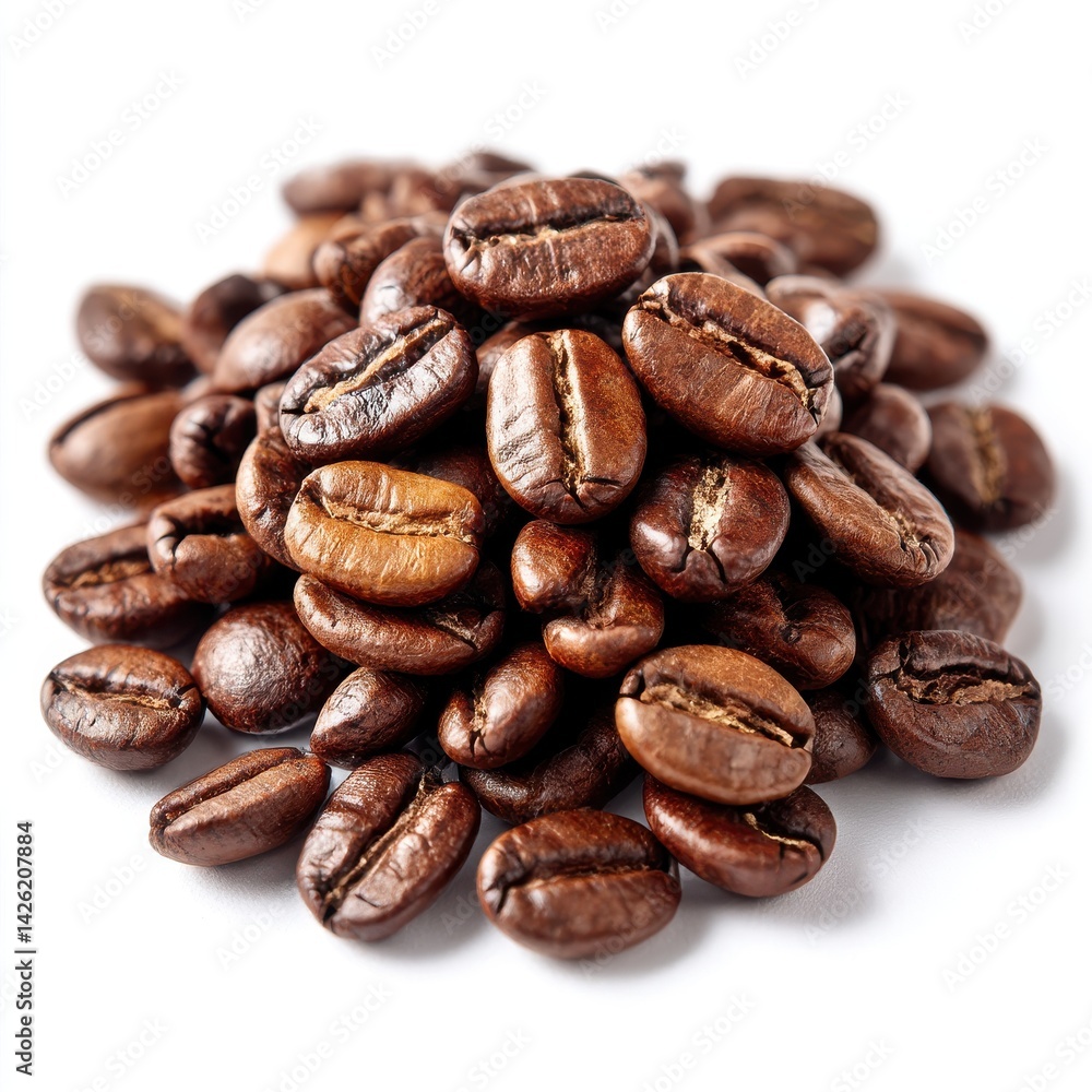 Roasted coffee beans close up shot isolated on white background Roasted coffee beans close up shot isolated on white background
