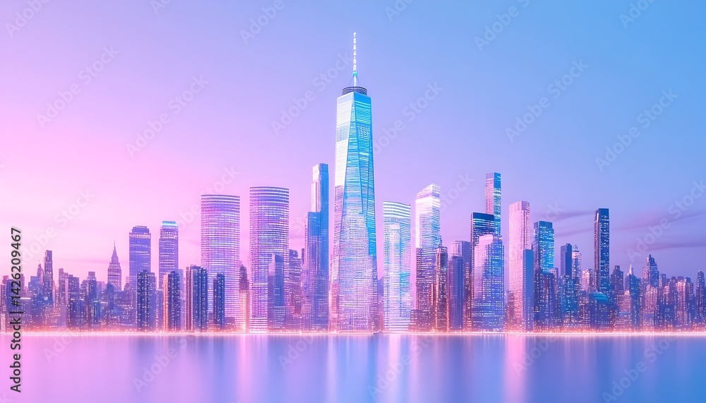 Fototapeta premium Dreamy cityscape at dawn, skyscrapers reflecting in calm water