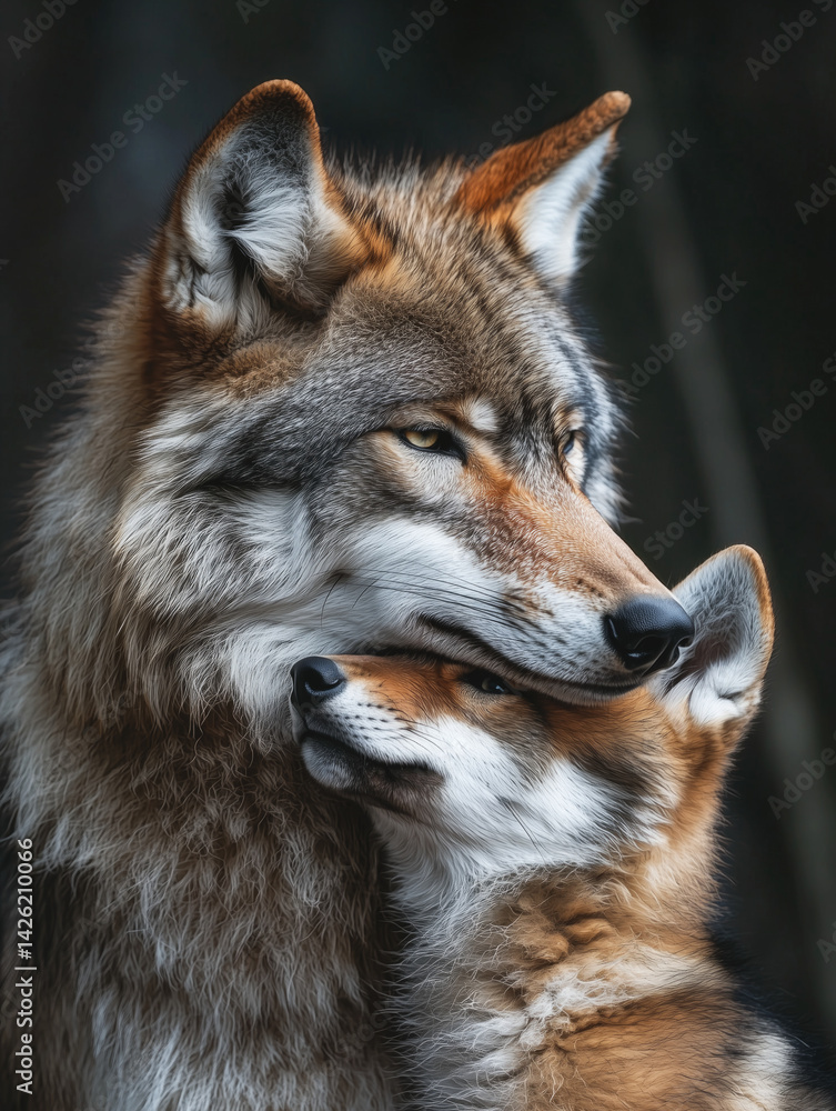 Fototapeta premium Mother wolf lovingly embraces her playful cub