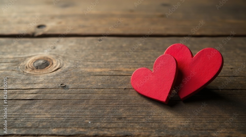 Two vibrant red hearts rest gently on a rustic wooden surface, symbolizing affection and connection. Two vibrant red hearts rest gently on a rustic wooden surface, symbolizing affection and connection.
