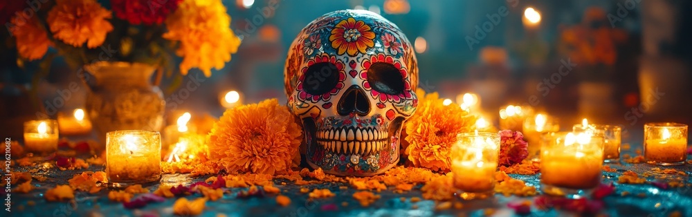 Day of the Dead celebration with decorated skull, candles, and marigold flowers symbolizing remembrance Day of the Dead celebration with decorated skull, candles, and marigold flowers symbolizing remembrance