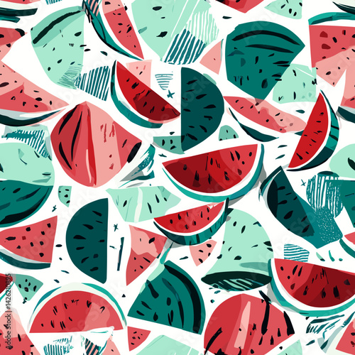 Seamless juicy pattern of watermelon with bright saturated summer colors, playful vector design
