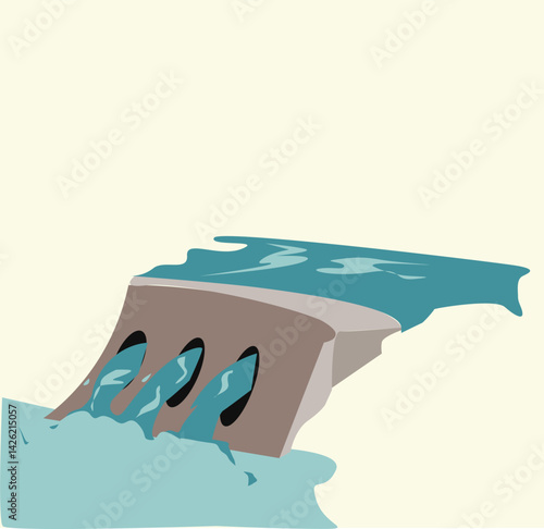 Hydroelectric dam with flowing water, modern vector