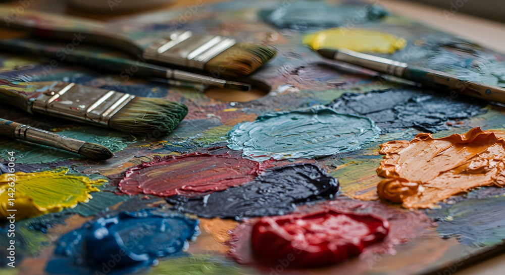 Fototapeta premium Art Supplies and Paint Brushes on a Palette Ready for Creative Expression and Artistic Inspiration