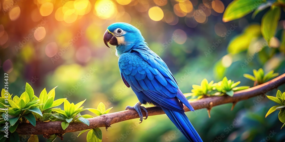 Fototapeta premium Adorable Blue Parrot Tilt-Shift Miniature Photography, Cute Bird, Tiny World, Miniature Scene, Blue Macaw, Parrot Photo, Whimsical Bird, Small Bird, Exotic Bird, Feathered Friend