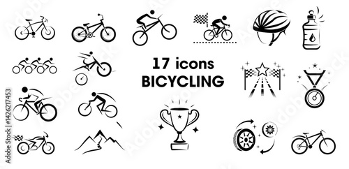 Vector 17 icons on the theme of cycling featuring bikes, competitions, and sports elements