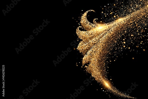 Golden glitter swirl design creates a vibrant and dynamic visual effect on a dark background