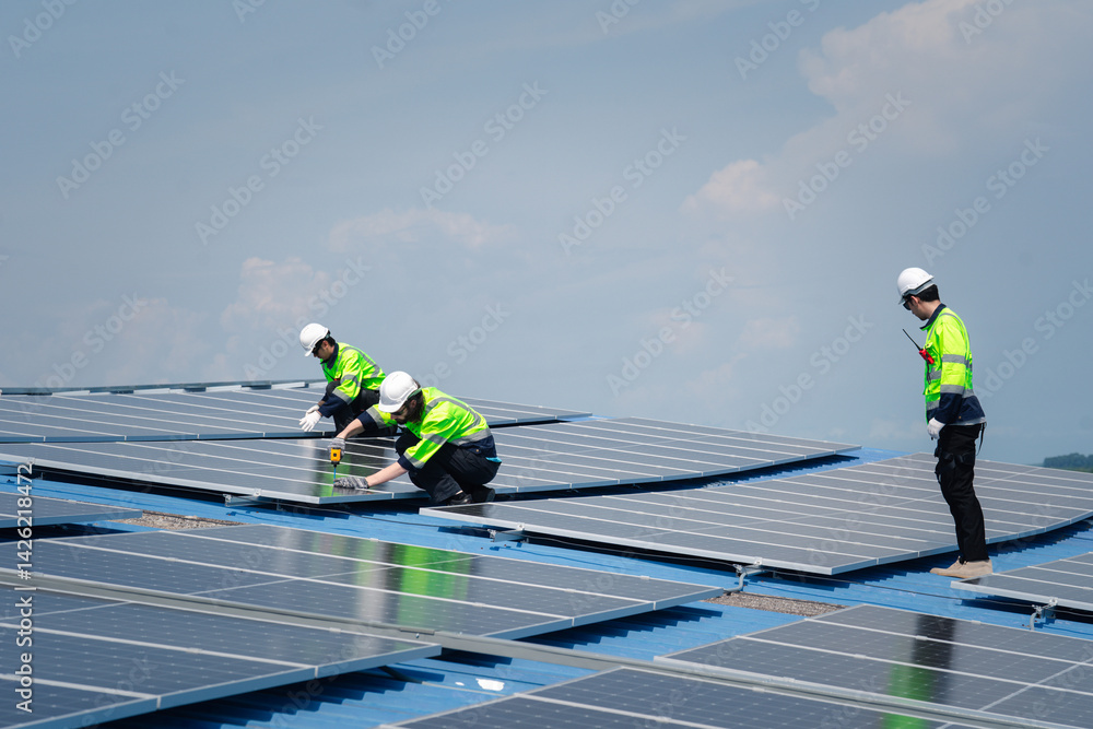 Engineer team installs solar cells check installation solar cell on the roof Sustainable energy industry concept Renewable energy solutions for climate change.. Engineer team installs solar cells check installation solar cell on the roof Sustainable energy industry concept Renewable energy solutions for climate change..