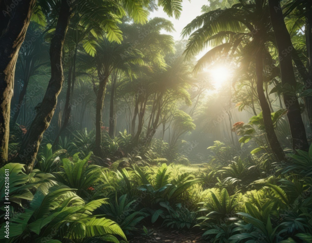 Naklejka premium Lush, vibrant tropical forest undergrowth Sunlight dapples the dense foliage , greenery, green, growth