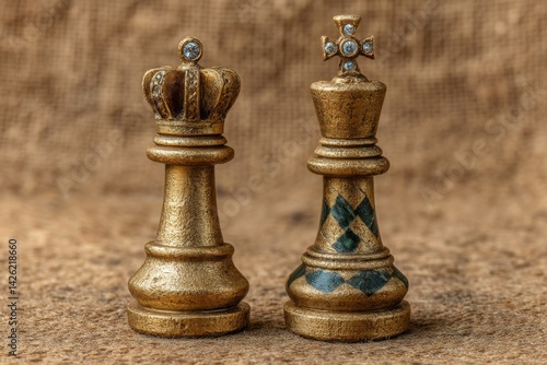 Unique golden chess pieces displayed on textured brown background showcasing craftsmanship and detail