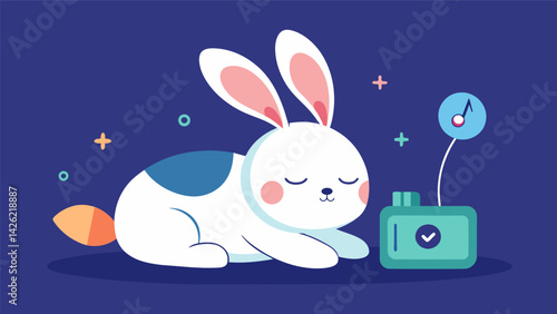 A contented bunny napping next to the device which has been programmed to create ambient sounds to help it sleep.. Vector illustration