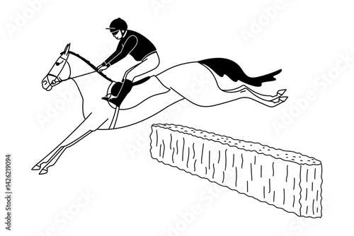 Jockey jumping over obstacle on horse in minimalist black and white line art style