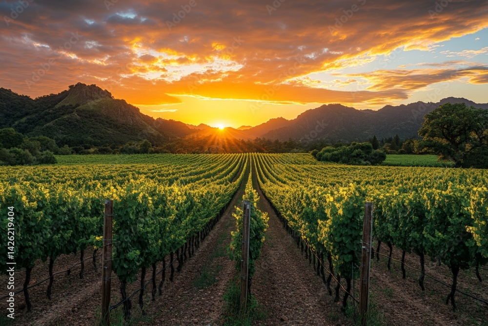 Naklejka premium Scenic vineyard at sunset with rows of grapevines and mountains in the background