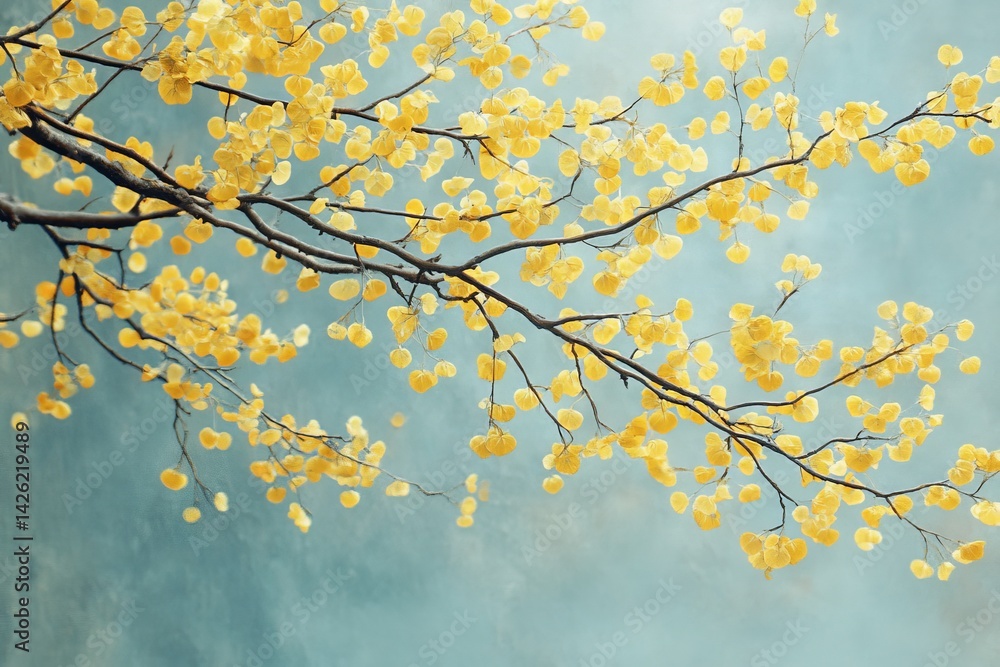 Bright yellow blossoms bloom on branches against a soft blue background in springtime serenity Bright yellow blossoms bloom on branches against a soft blue background in springtime serenity