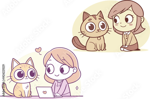 Cute Cartoon Girl and Cat Interaction Adorable Friendship Art