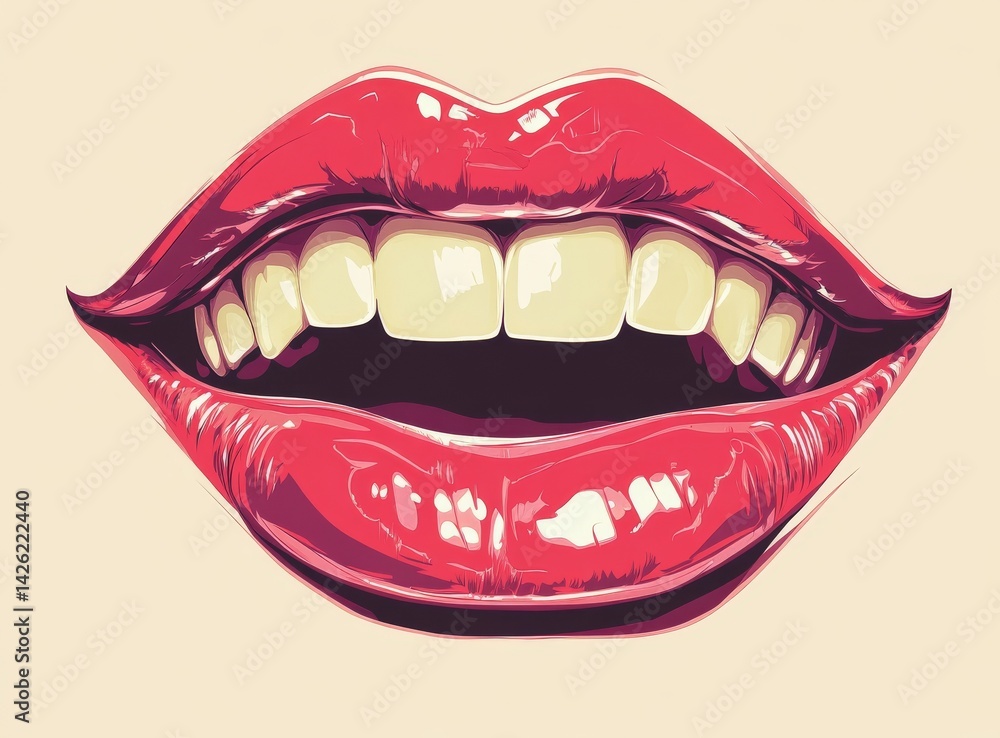 A smiling woman's mouth, adorned with red lipstick, is captured in a close-up shot A smiling woman's mouth, adorned with red lipstick, is captured in a close-up shot