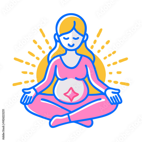 Pregnant woman meditating in a minimalist style with radiant background  