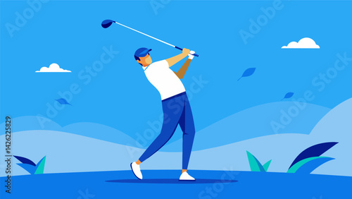 Its a sight to behold as the golfer effortlessly swings their club and sends the ball soaring into the blue sky leaving behind a trail of pure. Vector illustration