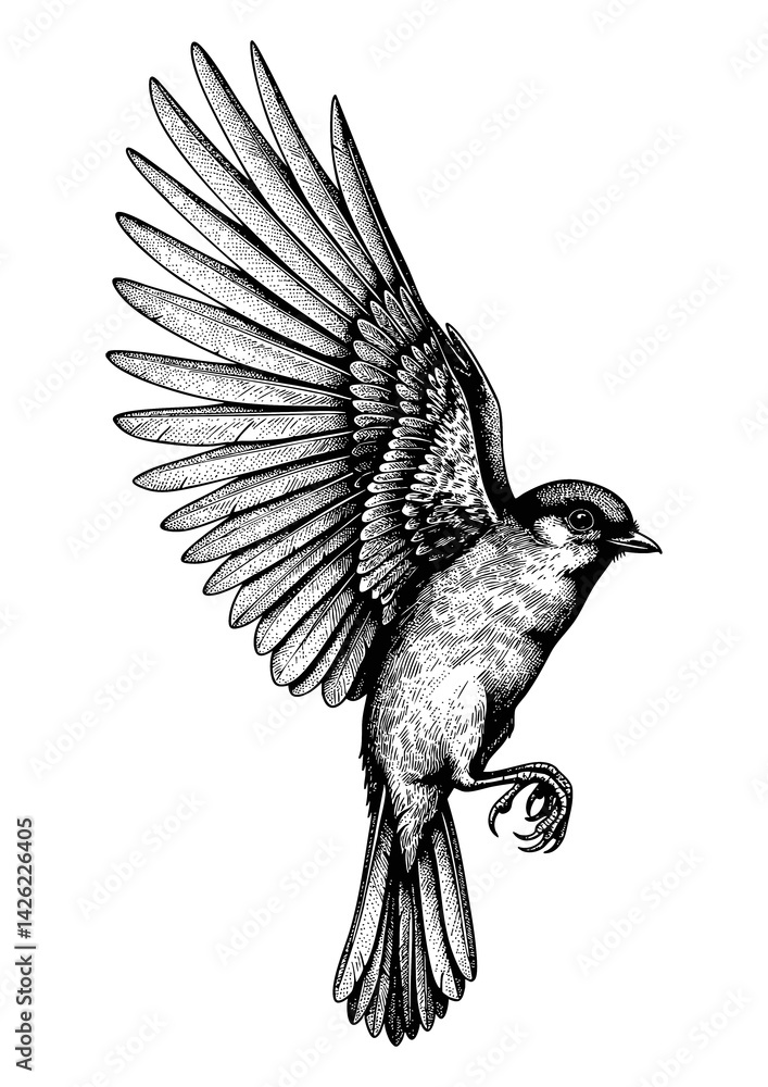 Fototapeta premium Hand-Drawn Flying Bird - Vintage Black and White Illustration