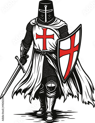 Templar Knight Vector Illustration – Hand-Drawn Style Medieval Crusader with Sword and Shield, White Cloak and Red Cross, Heroic Historical Warrior for T-Shirt, Poster or Tattoo Design
