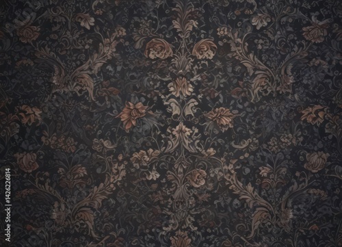 Subtle gothic damask, deep hues, intricate floral repeat, repeat pattern, design, background