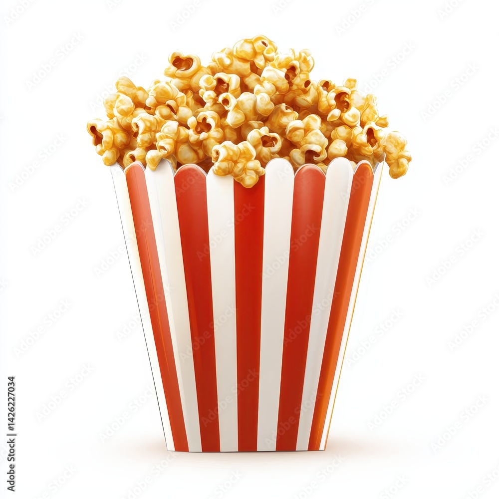 Caramel popcorn in a striped container. A pile of golden-brown, puffy popcorn, coated in caramel, is nestled within a red and white striped paper container. Caramel popcorn in a striped container. A pile of golden-brown, puffy popcorn, coated in caramel, is nestled within a red and white striped paper container.