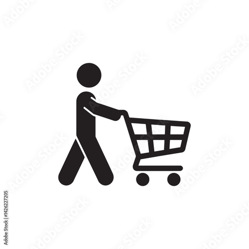Black and White Silhouette of a Person Pushing a Shopping Cart Representing Retail, Consumerism, and Grocery Shopping  Editable Vector Illustration Isolated on a White Background