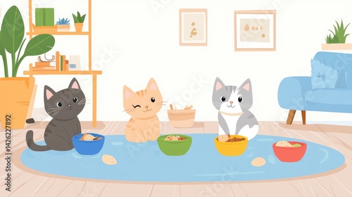 Wallpaper Mural Playful cats enjoying their meal in a cozy living room, illustrated scene with happy felines eating from colorful bowls on a soft rug, creating a cheerful atmosphere. Torontodigital.ca