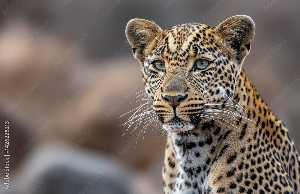 Fototapeta premium Leopard portrait, African savanna, watchful gaze, blurred background, wildlife photography