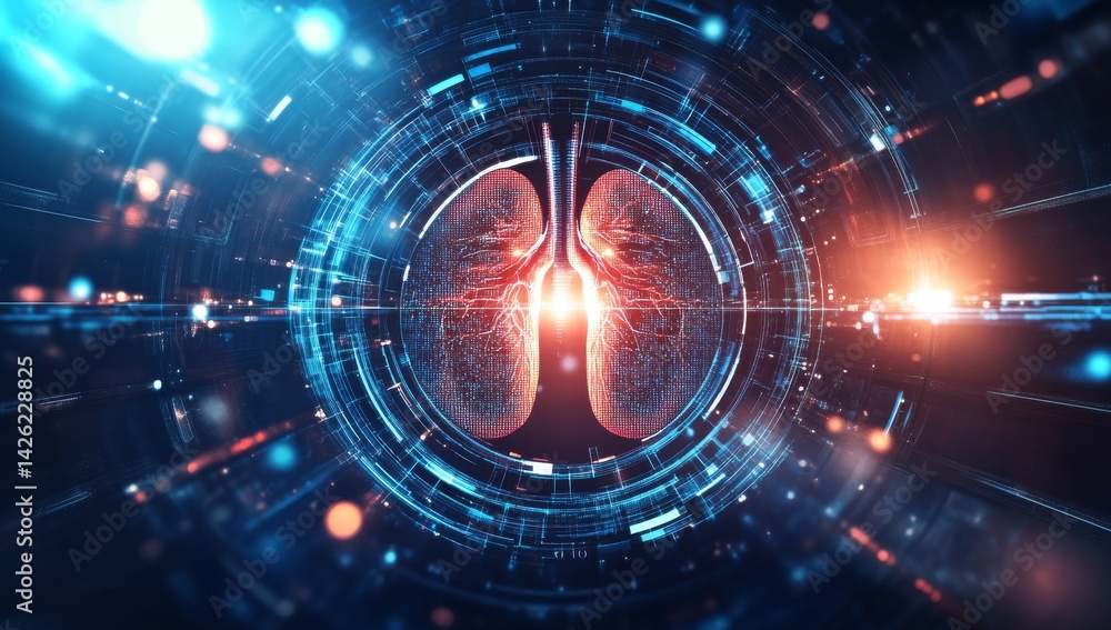 Obraz premium A futuristic medical interface displays human lungs aglow in blue, accompanied by an interactive data overlay and set against a high-tech background replete with digital elements