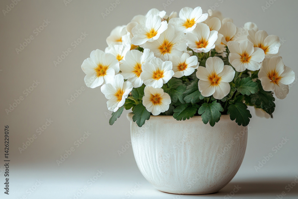 A minimalist composition with a pot of white flowers standing on a light background.