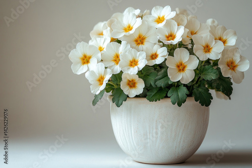 Obraz na płótnie A minimalist composition with a pot of white flowers standing on a light background. w salonie