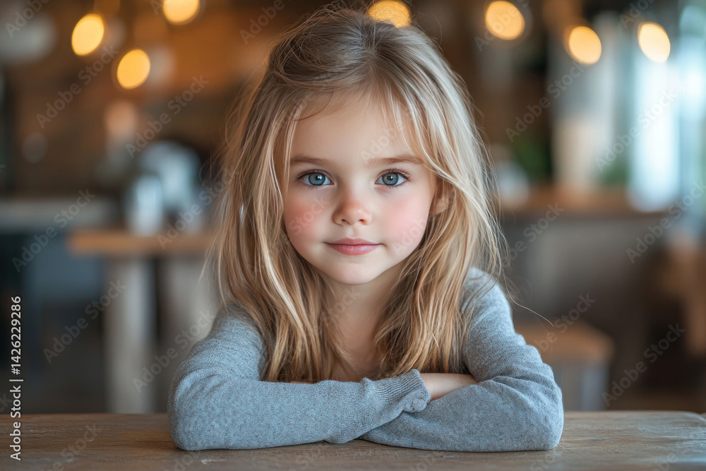 Portrait of a little girl with long blond hair and expressive blue eyes, sitting at a wooden table in a cozy home environment.