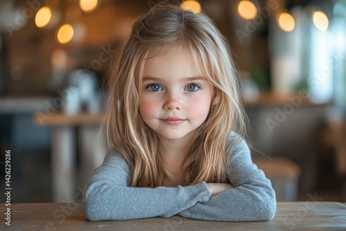 Obraz na płótnie Portrait of a little girl with long blond hair and expressive blue eyes, sitting at a wooden table in a cozy home environment. w salonie