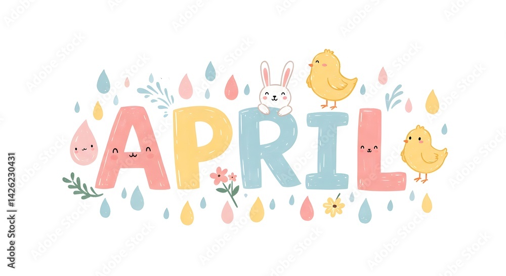 Cute April Illustration with Bunny, Chickens, Flowers, and Raindrops Design Cute April Illustration with Bunny, Chickens, Flowers, and Raindrops Design