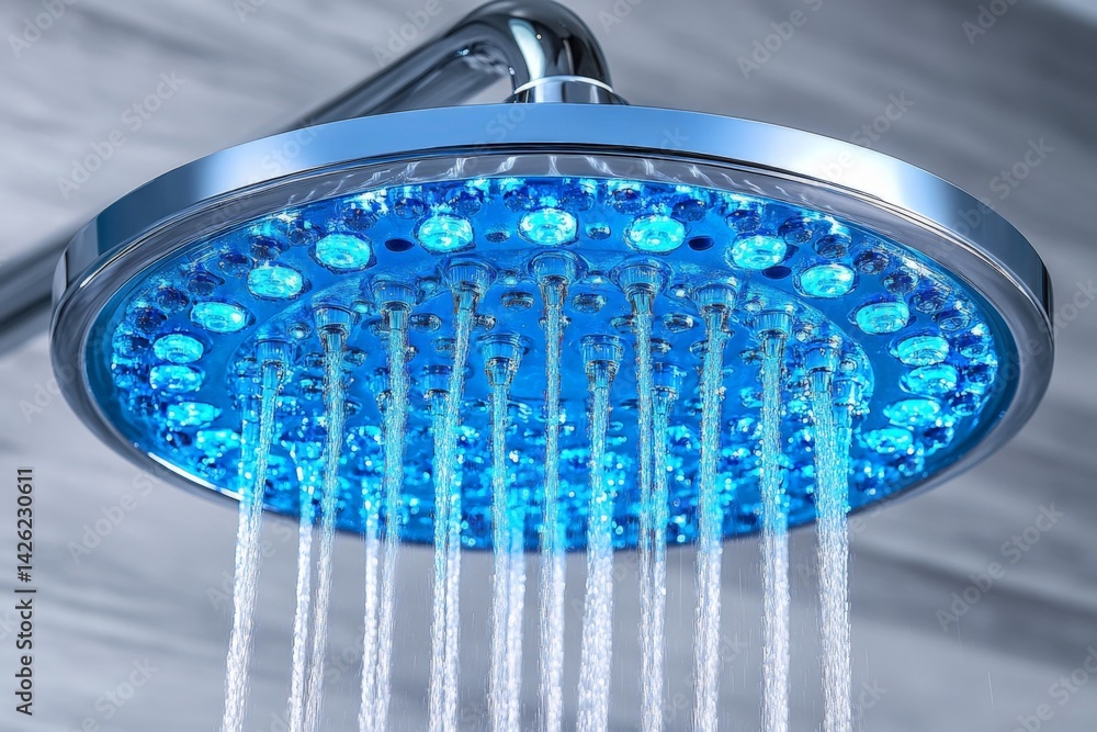 Showerhead featuring blue LED lights and modern design in a contemporary bathroom setting Showerhead featuring blue LED lights and modern design in a contemporary bathroom setting