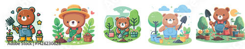 Vector of a bear gardening.