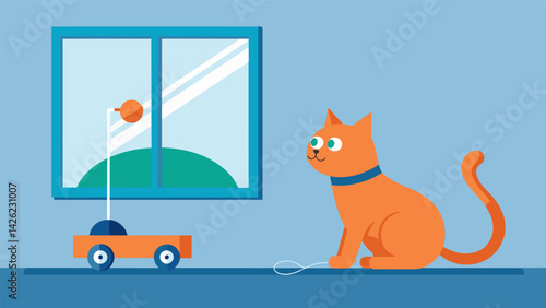 A cat perched on a windowsill playfully swiping at a string toy attached to a remotecontrolled car on the floor.. Vector illustration