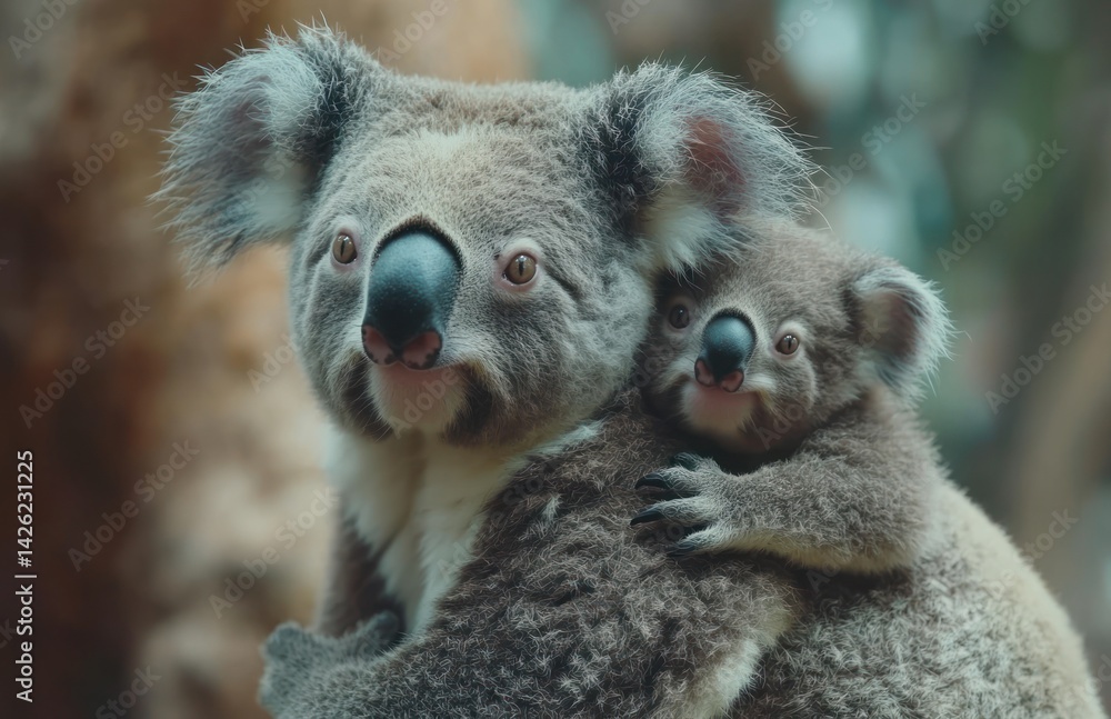 Obraz premium Koala mother and joey cuddling in eucalyptus forest
