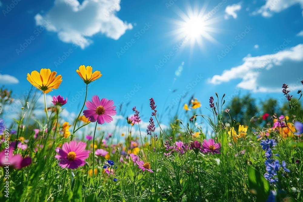 Sun shining over vibrant green field and colorful flowers Sun shining over vibrant green field and colorful flowers