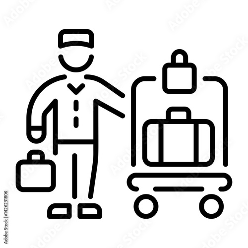 Hotel bellboy punching a luggage cart, line style icon  