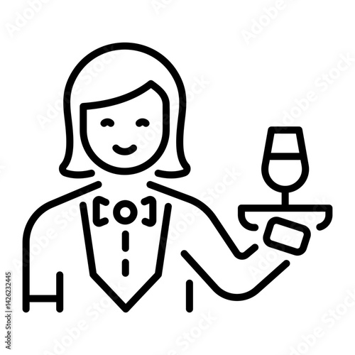 A linear style icon of hotel waitress serving drink 
