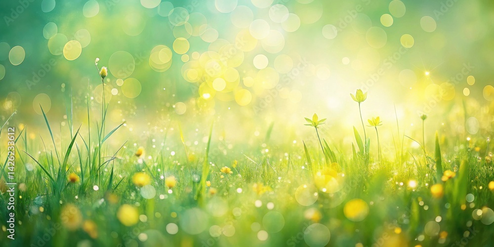 A Vibrant Spring Meadow Scene with Dew-Kissed Grass and Bright Yellow Flowers Basking in the Golden Sunlight A Vibrant Spring Meadow Scene with Dew-Kissed Grass and Bright Yellow Flowers Basking in the Golden Sunlight