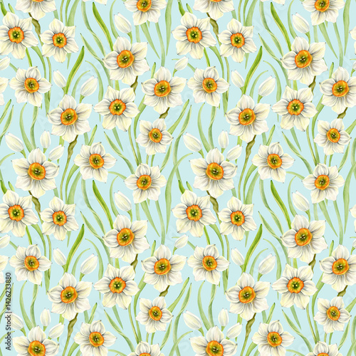 Seamless spring floral pattern of white daffodils with yellow middles and green thin leaves on a blue background. Painted in watercolor for print, fabric, cover, packaging, wallpaper.