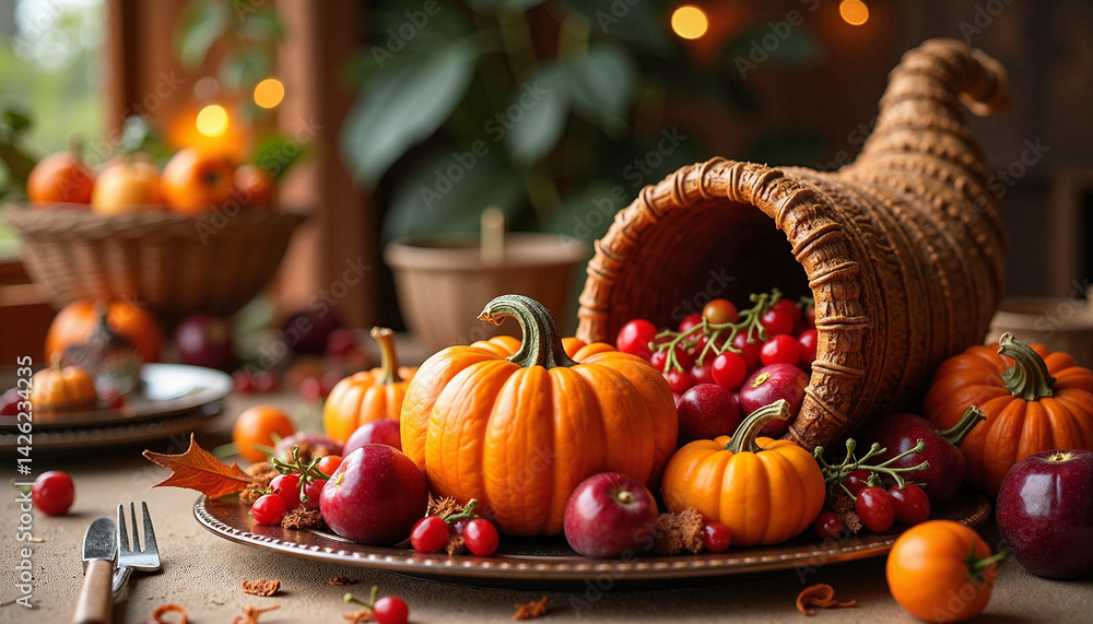 Thanksgiving Cornucopia overflowing with Pumpkins and Apples in a Cozy Setting