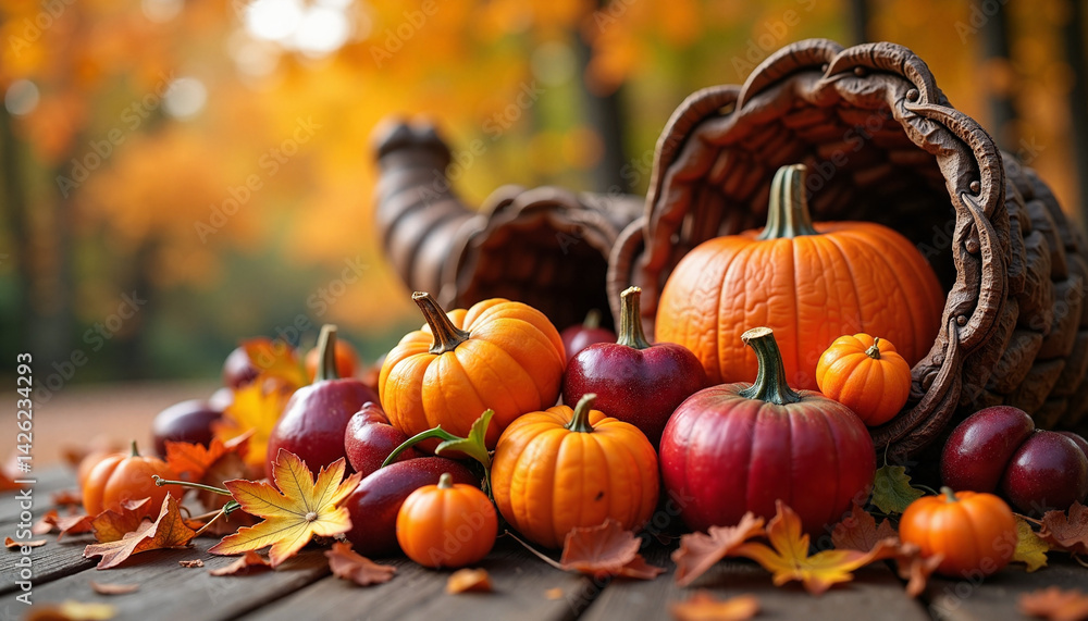 Cornucopia with Pumpkins and Autumn Leaves, Thanksgiving Celebration