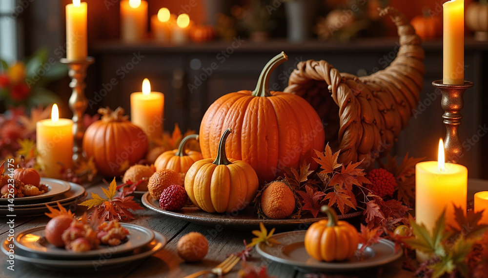 Thanksgiving Pumpkin and Cornucopia Decorating Cozy Table Setting