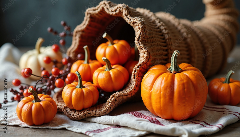 Thanksgiving Cornucopia with Pumpkins and Gourds on Rustic Background