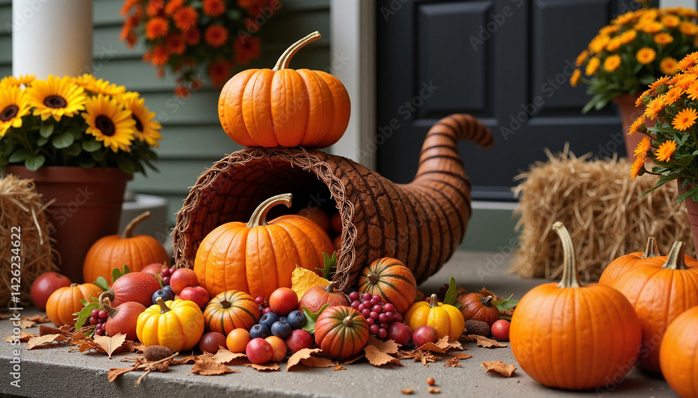 Thanksgiving cornucopia with pumpkins and autumn fruits against green background